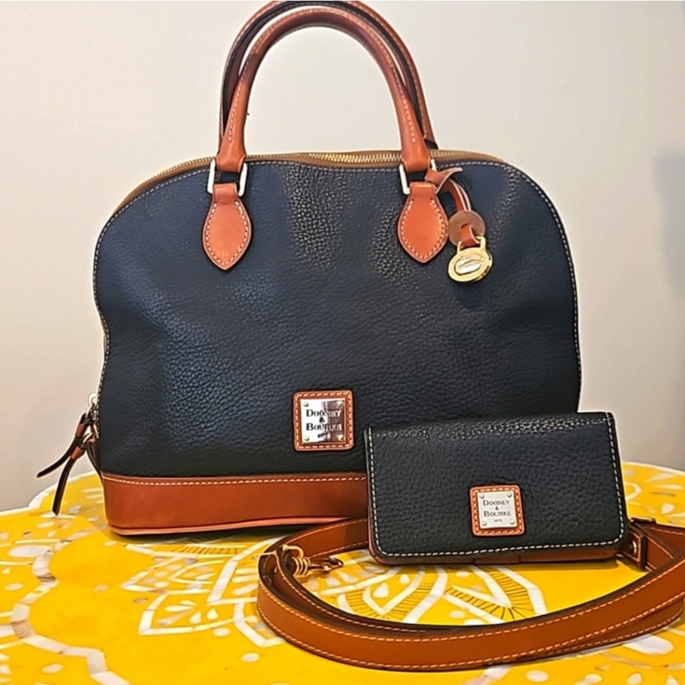 Dooney & Bourke Navy Pebbled Leather Domed Satchel Handbag with Matching Wallet